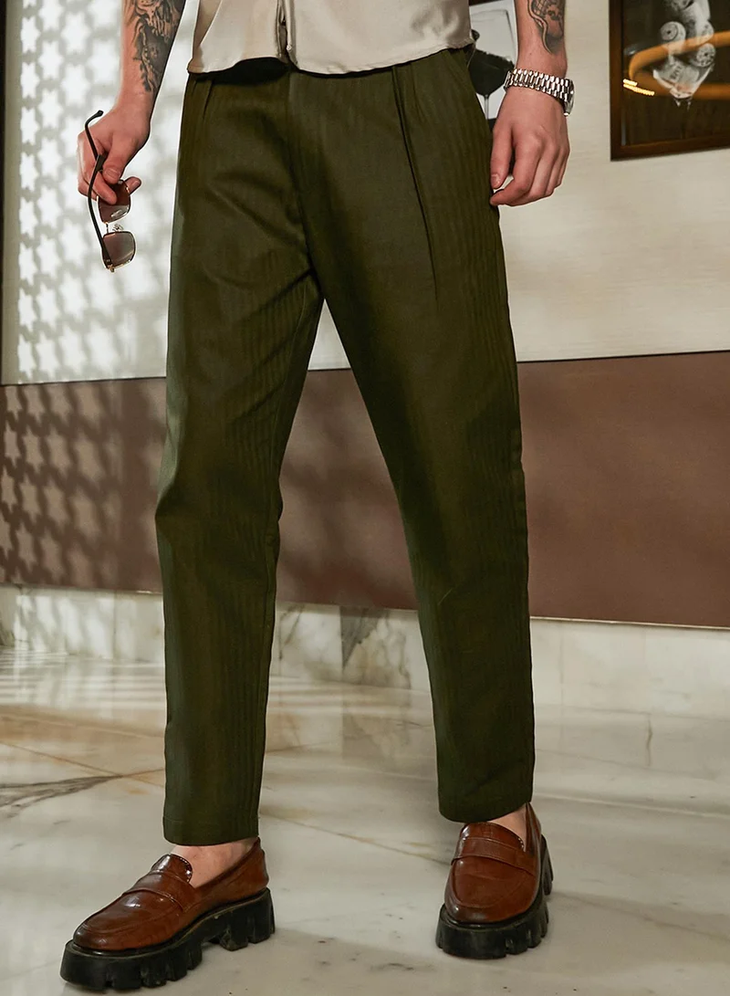 كامبوس سوترا Men's Juniper Green Striped Tailored Trousers For Casual Wear | Mid-Rise | Regular Fit | Button Closure | Trousers Crafted With Comfort Fit For Everyday Wear
